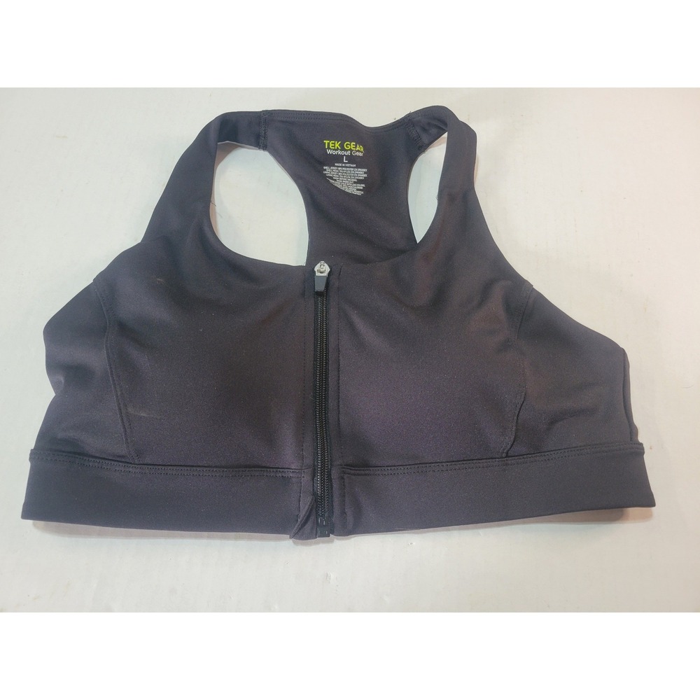 Tek Gear Womens Black Zip Front Racerback‎ Sports Bra Large 139087 Workout Gear